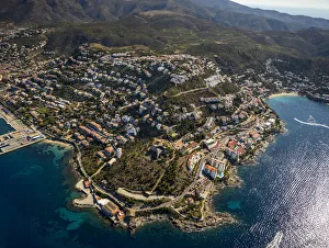 Aerial view, Castell de la Trinitat, fortress from the Middle Ages, Roses, Golf de Roses Aerial view, Castell de la Trinitat, fortress from the Middle Ages, Roses, Golf de Roses