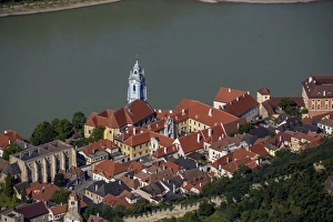 Aerial view, Durnstein Abbey, former monastery, church in blue and white, Durnstein Aerial view, Durnstein Abbey, former monastery, church in blue and white, Durnstein