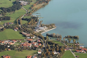 Aerial view, Festspielhaus theatre on Forggensee lake near Fuessen in Ostallgaeu, Allgaeu Aerial view, Festspielhaus theatre on Forggensee lake near Fuessen in Ostallgaeu, Allgaeu
