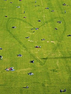 Aerial view, people and a heart in a park next to Berlin Cathedral, Berlin, Germany Aerial view, people and a heart in a park next to Berlin Cathedral, Berlin, Germany