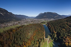 Aerial view, Riessersee, Garmisch-Partenkirchen, Mt Wank, Wetterstein Range Aerial view, Riessersee, Garmisch-Partenkirchen, Mt Wank, Wetterstein Range