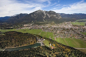 Aerial view, Riessersee Lake, Garmisch-Partenkirchen, Mt Kramerspitz or Mt Kramer Aerial view, Riessersee Lake, Garmisch-Partenkirchen, Mt Kramerspitz or Mt Kramer