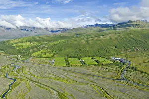 Aerial view of Skaftafell National Park, with a campsite at the front, Southern Region Aerial view of Skaftafell National Park, with a campsite at the front, Southern Region