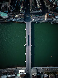 Aerial view, Tram crossing Middle Bridge Basel Aerial view, Tram crossing Middle Bridge Basel
