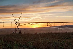 Agricultural Landscape Picture of Center Pivot Irrigation at Sunset on Farm in Agricultural Landscape Picture of Center Pivot Irrigation at Sunset on Farm in