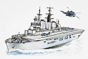 Aircraft carrier, helicopter flying above Aircraft carrier, helicopter flying above