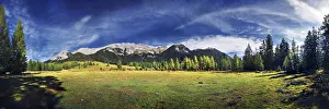 Alpine meadows and mountain forest with a view on the Wettersteingebirge range, Mt Alpine meadows and mountain forest with a view on the Wettersteingebirge range, Mt
