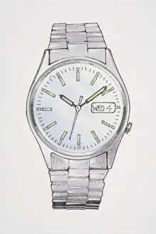 Analogue wristwatch with metal strap, dial showing the time, date and day of the week Analogue wristwatch with metal strap, dial showing the time, date and day of the week