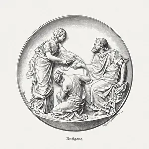 Antigone, Ismene, and Oedipus, Greek mythology, wood engraving, published 1879 Antigone, Ismene, and Oedipus, Greek mythology, wood engraving, published 1879