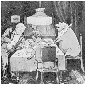 Antique illustration of sports and leisure activities: Pig eating at table Antique illustration of sports and leisure activities: Pig eating at table