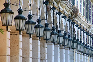 The arcades and traditional lanterns of the famous Liston at the Spianada in Kerkyra, Corfu Town, Greece The arcades and traditional lanterns of the famous Liston at the Spianada in Kerkyra, Corfu Town, Greece