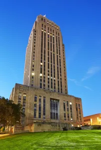 Prints of The Beaux-Arts art deco Kansas City Hall illuminated at dusk, architect Wight and Wight Architecture Prints: Beaux-Arts Kansas City Hall Print at Dusk