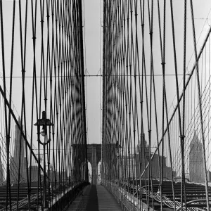 Prints of circa 1955: The steel wires which suspend the roadway on Brooklyn Bridge, New York, designed by engineer John Roebling. (Photo by Three Lions/Getty Images) World Famous Bridges Prints: Brooklyn Bridge Suspension Wires Print circa 1955