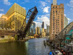 Prints of Chicago skyline viewed from the Kinzie street bridge with the Kinzie street railroad drawbridge in the foreground and Willis Tower in the background World Famous Bridges Prints: Chicago Skyline Print from Kinzie Street Bridge
