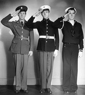 Army, Marine & Navy men in uniform saluting Army, Marine & Navy men in uniform saluting