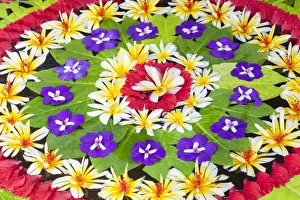 Arrangement of petals and leaves floating in a basin of water, Ubud, Bali, Indonesia Arrangement of petals and leaves floating in a basin of water, Ubud, Bali, Indonesia
