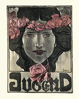 Art Nouveau portrait of Woman holding rose in her mouth, Youth, German Art Nouveau portrait of Woman holding rose in her mouth, Youth, German