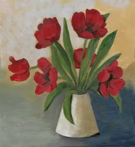 Prints of This is my scanned artwork and I am the owner of the copyright. Still life of six red tulip flowers in white china vase Romania Prints: Still Life of Red Tulips in White China Vase Print