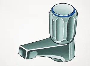 Artwork of a silver tap with a blue ring on top of the screw handle Artwork of a silver tap with a blue ring on top of the screw handle