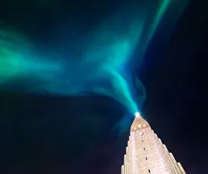 aurora borealis display over famous Hallgrimskirkja church, reykjavik, Iceland aurora borealis display over famous Hallgrimskirkja church, reykjavik, Iceland