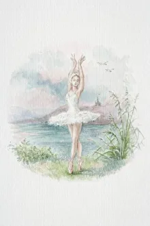 Ballerina in white tutu standing on pointes with arms stretched up Ballerina in white tutu standing on pointes with arms stretched up