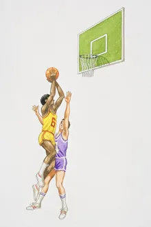 Two basketball players jumping up in the air near basket Two basketball players jumping up in the air near basket