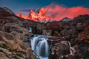Beautiful view with waterfall and Fitz Roy mountain. Patagonia, Argentina Beautiful view with waterfall and Fitz Roy mountain. Patagonia, Argentina