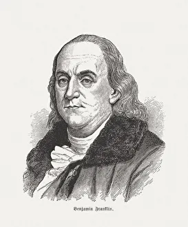 Benjamin Franklin (1706-1790), wood engraving, published in 1884 Benjamin Franklin (1706-1790), wood engraving, published in 1884