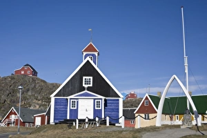 Berthels Church with an archway made of whale jawbones, colonial center of Sisimiut Berthels Church with an archway made of whale jawbones, colonial center of Sisimiut