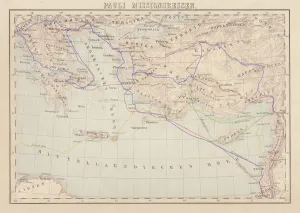 Prints of Apostle Pauls Missionary Journeys: 1st (green); 2nd (red); 3rd (blue); last to Rome (yellow). Lithograph, published in 1886. Paul travelled over 10, 000 miles proclaiming the gospel of Jesus Christ Greece Prints: Apostle Paul's Missionary Journeys Print, 1886