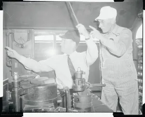Vintage American Politics Prints: Adlai Stevenson at the Controls of a Switch Engine