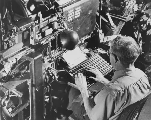 Vintage Printing Press Prints: Linetype Operator at Work