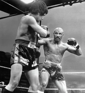 Prints of Middleweight Marvin Hagler of the U.S. observes Norbert Cabrera of Argentina early in the 1st round of their bout in Monaco. Hagler won by resignation of Cabrera at the 9th round Monaco Prints: Marvin Hagler Declared Winner Middleweight Print