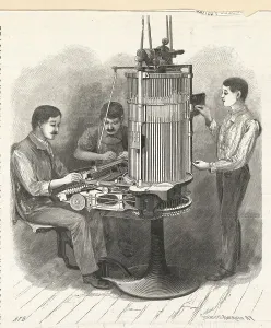 Vintage Printing Equipment Prints: Men Operating Typesetting Machine