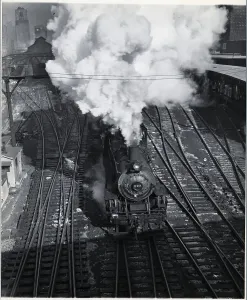 Vintage Train Images Prints: Overhead View of Train Going Down Tracks