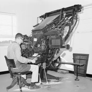 Vintage Printing Equipment Prints: Student Using Linotype Machine