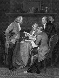 Prints of (Original Caption). The committee, Benjamin Franklin, Thomas Jefferson, John Adams, Robert Livingston, and Roger Sherman, shown drafting the Declaration fo Independence, in an undated engraving West Lothian Prints: The Committee Drafting Declaration of Independence Print