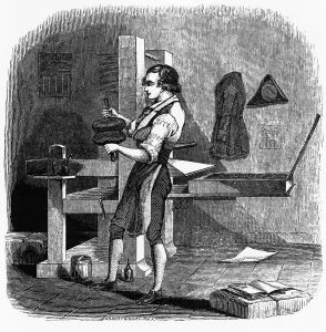 Historical Woodcut Prints: Illustration of Benjamin Franklin as an Apprentice Printer