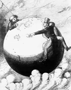 Political Cartoons Of The Past Prints: Uncle Sam and Ivan Hanging onto the World