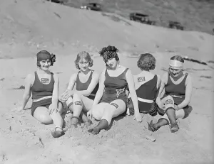 Vintage Beach Style Prints: Women Showing Names Sunburned on Their Bodies