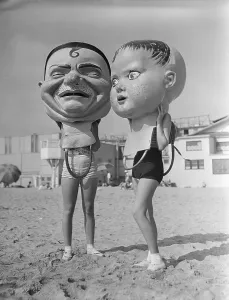 Vintage Swimwear Models Prints: Women Wearing Large Papier Mache Heads