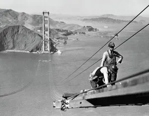 Golden Gate Bridge Construction Prints: Worker Constructing a Catwalk
