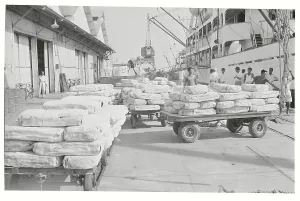 Shipping Industry Prints: Workers Loading Rubber for Export on Ship Dock