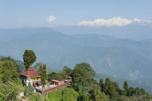 Bhutia Busty Gompa, Buddhist monastery, snow-covered Mt Kangchenjunga at the back Bhutia Busty Gompa, Buddhist monastery, snow-covered Mt Kangchenjunga at the back