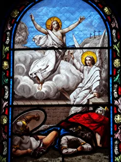 Biblical scene of the resurrected Jesus Christ on an antique stained glass window Biblical scene of the resurrected Jesus Christ on an antique stained glass window