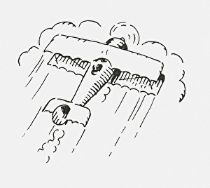 Black and white digital illustration of biplane above the clouds Black and white digital illustration of biplane above the clouds