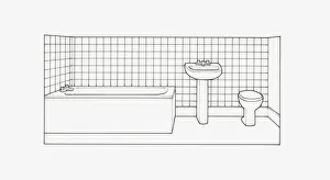 Black and white illustration of bathroom layout Black and white illustration of bathroom layout