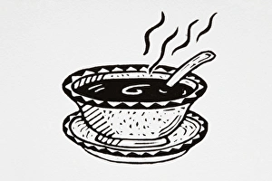 Black and white illustration of bowl of hot soup with spoon Black and white illustration of bowl of hot soup with spoon