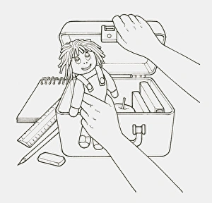 Black and white illustration of childs hand holding doll next to open case filled with Black and white illustration of childs hand holding doll next to open case filled with