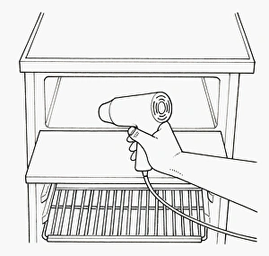 Black and white illustration of defrosting refrigerator freezer compartment using hair Black and white illustration of defrosting refrigerator freezer compartment using hair